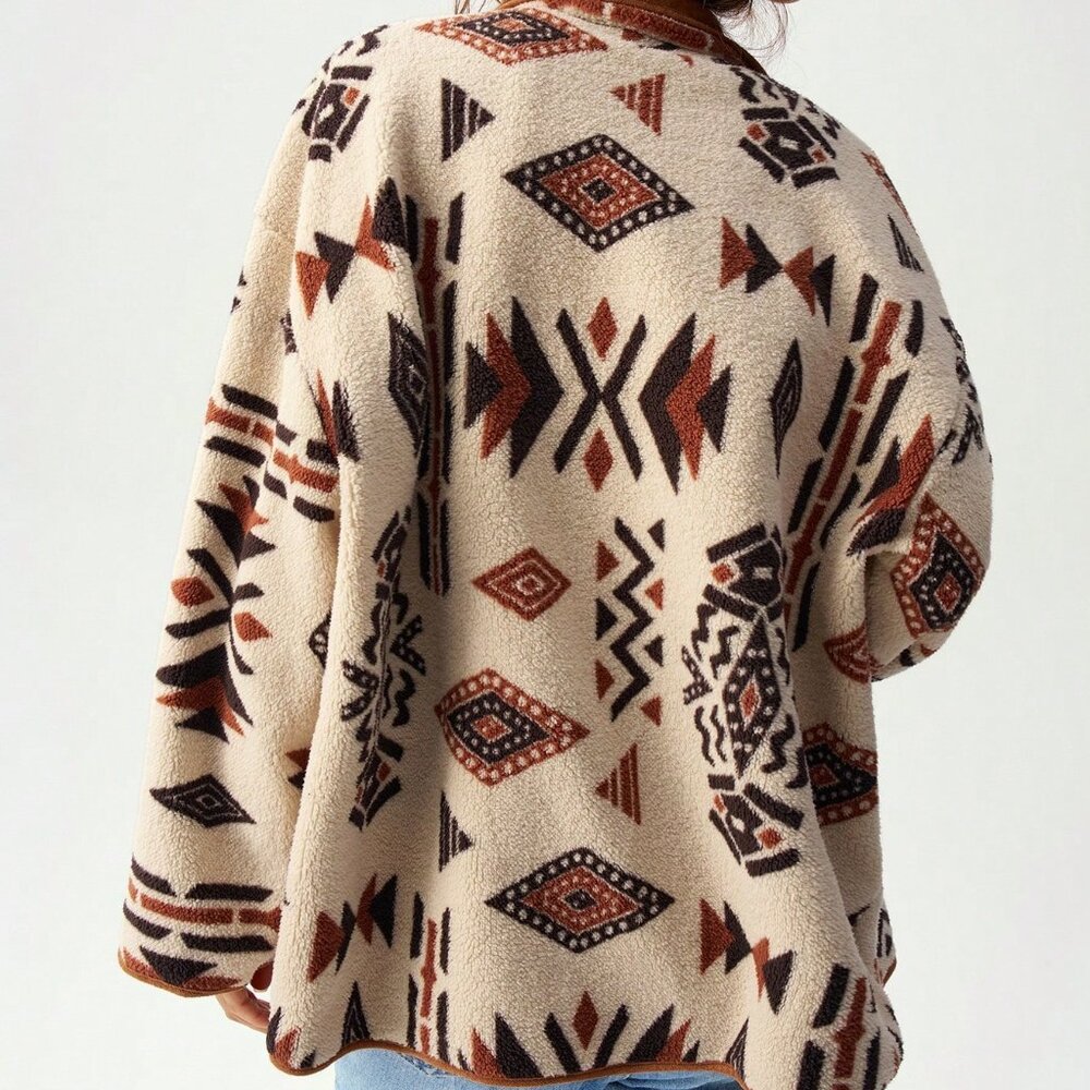 Multicolor Casual Women's Geometric Print Reversible Fleece Jacket - Picture 2 of 8